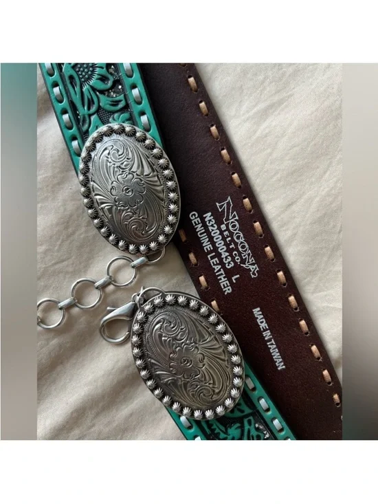 Nocona Turquoise Floral Tooled Leather Belt with Silver Conchos - Picture 3 of 8